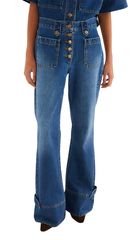 Denim Porcelain Birds Pockets Flare Pants