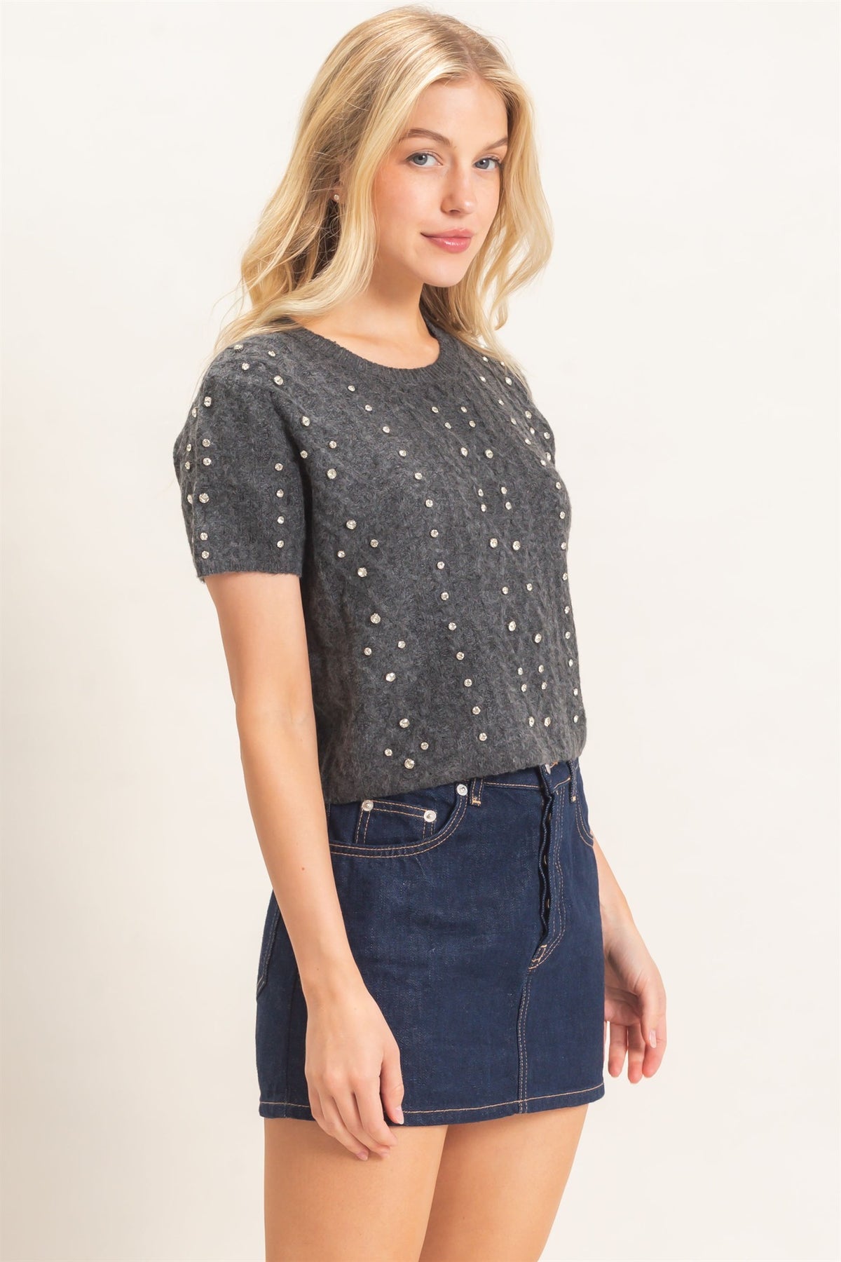 Crystal Knit Short Sleeve Top - Charcoal