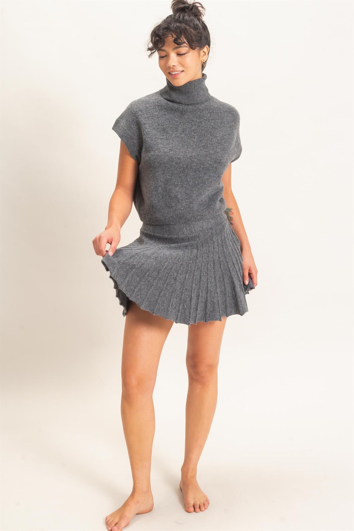 Sofia Turtleneck Knit Skirt Set - Charcoal