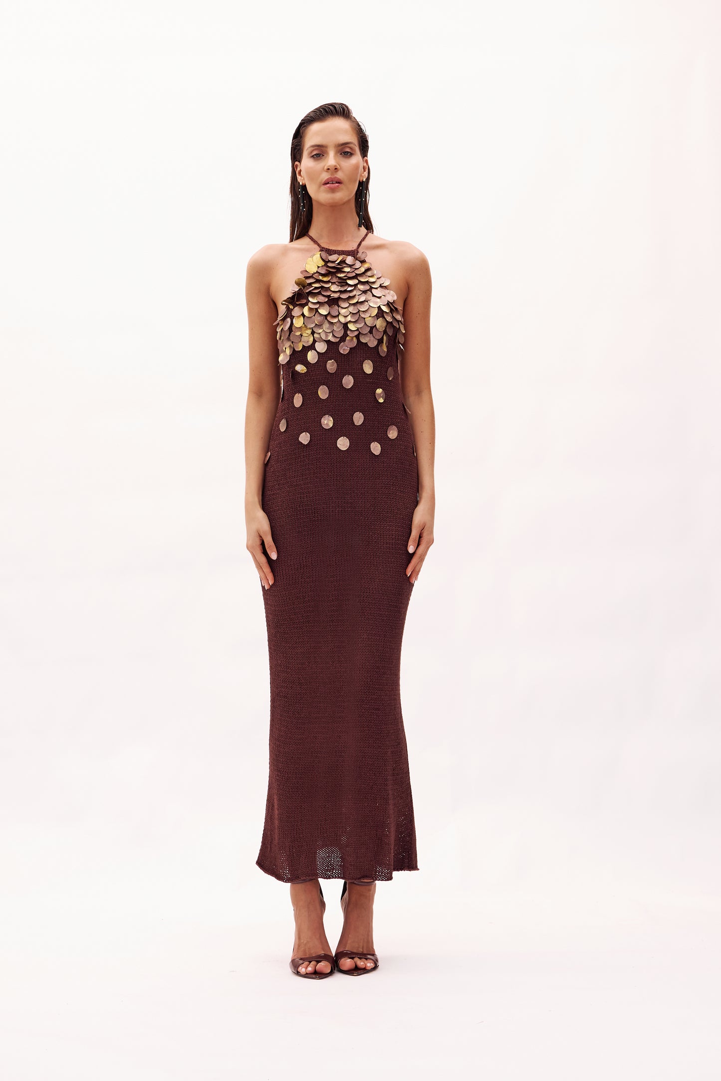 Brown Embroidered Tricot Dress