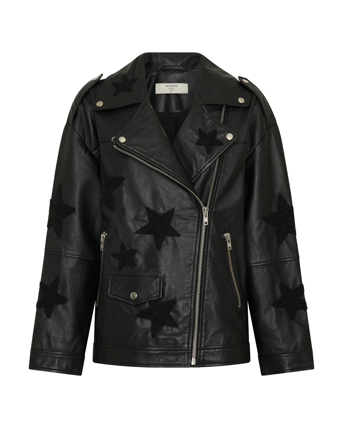 Biker Boyfriend Embellished Moto Leather Jacket- Black Star