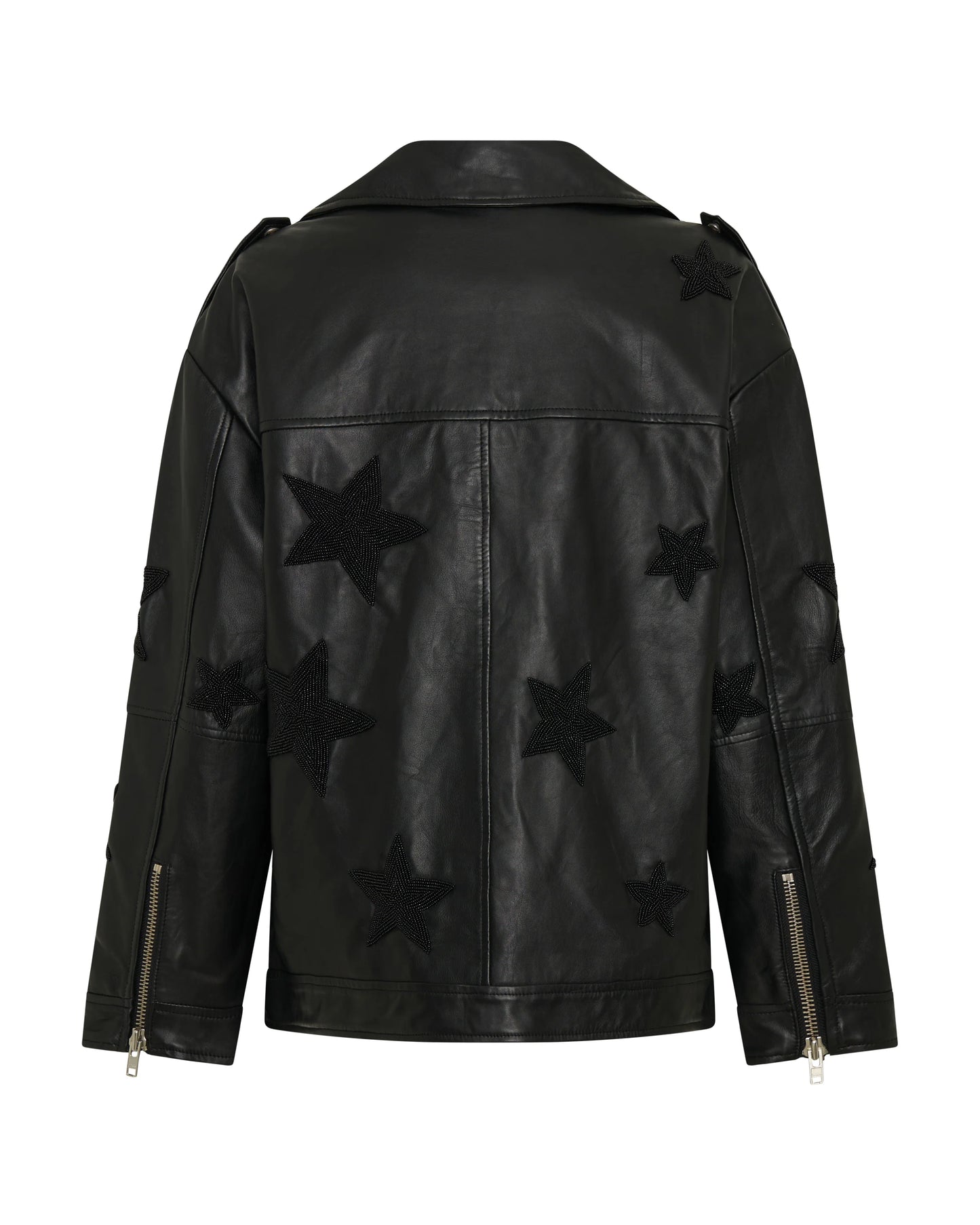 Biker Boyfriend Embellished Moto Leather Jacket- Black Star