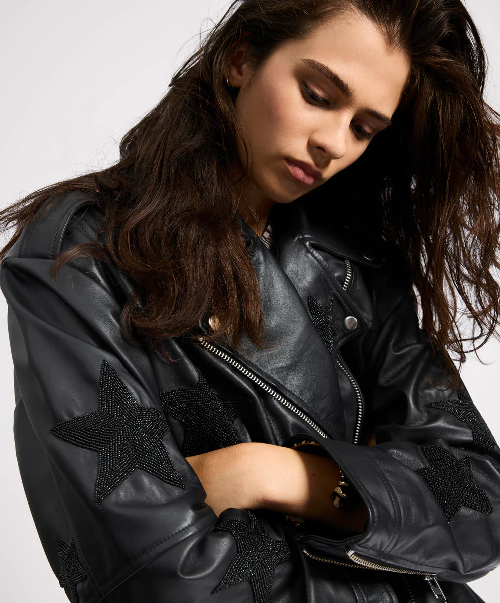 Biker Boyfriend Embellished Moto Leather Jacket- Black Star