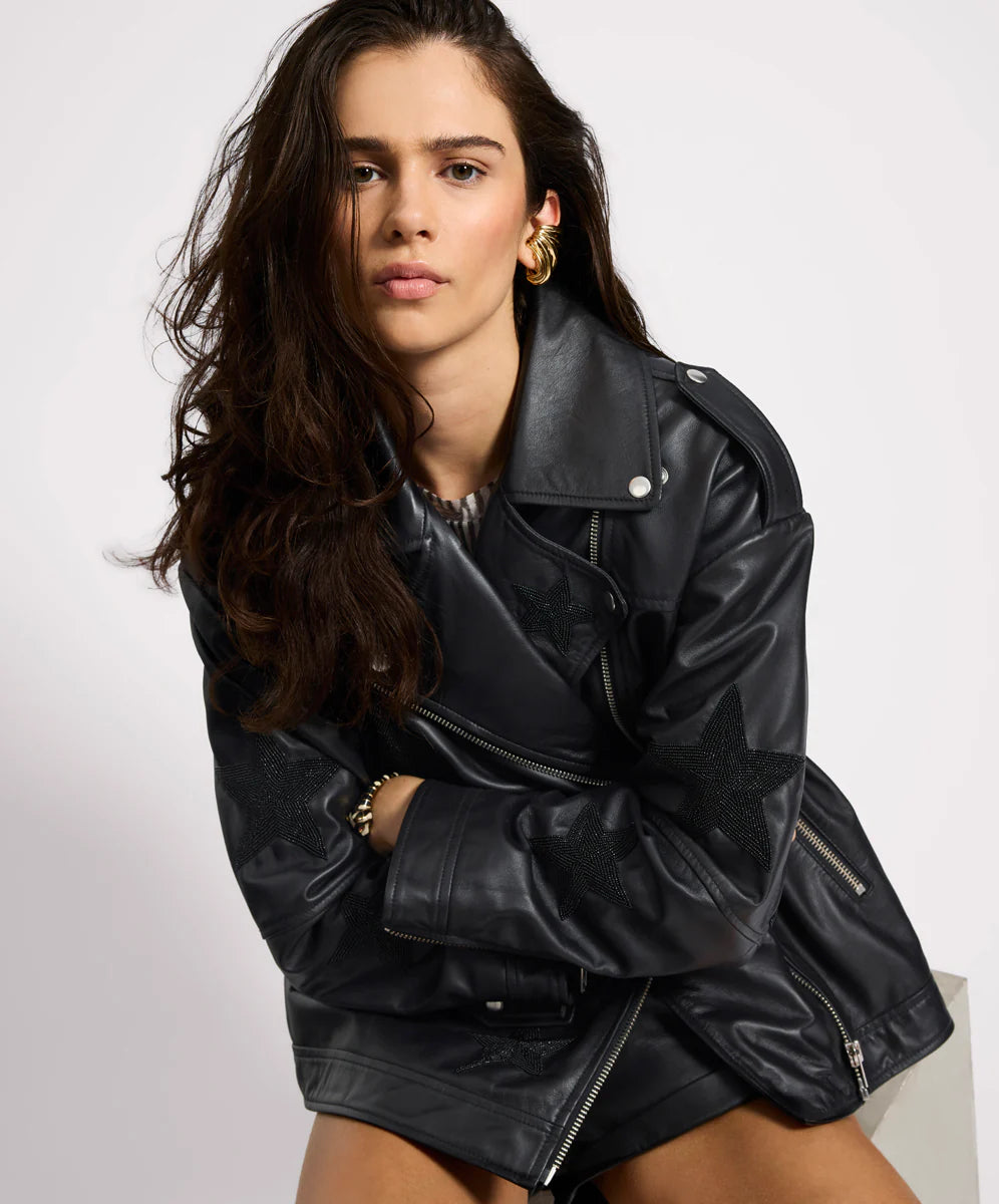 Biker Boyfriend Embellished Moto Leather Jacket- Black Star