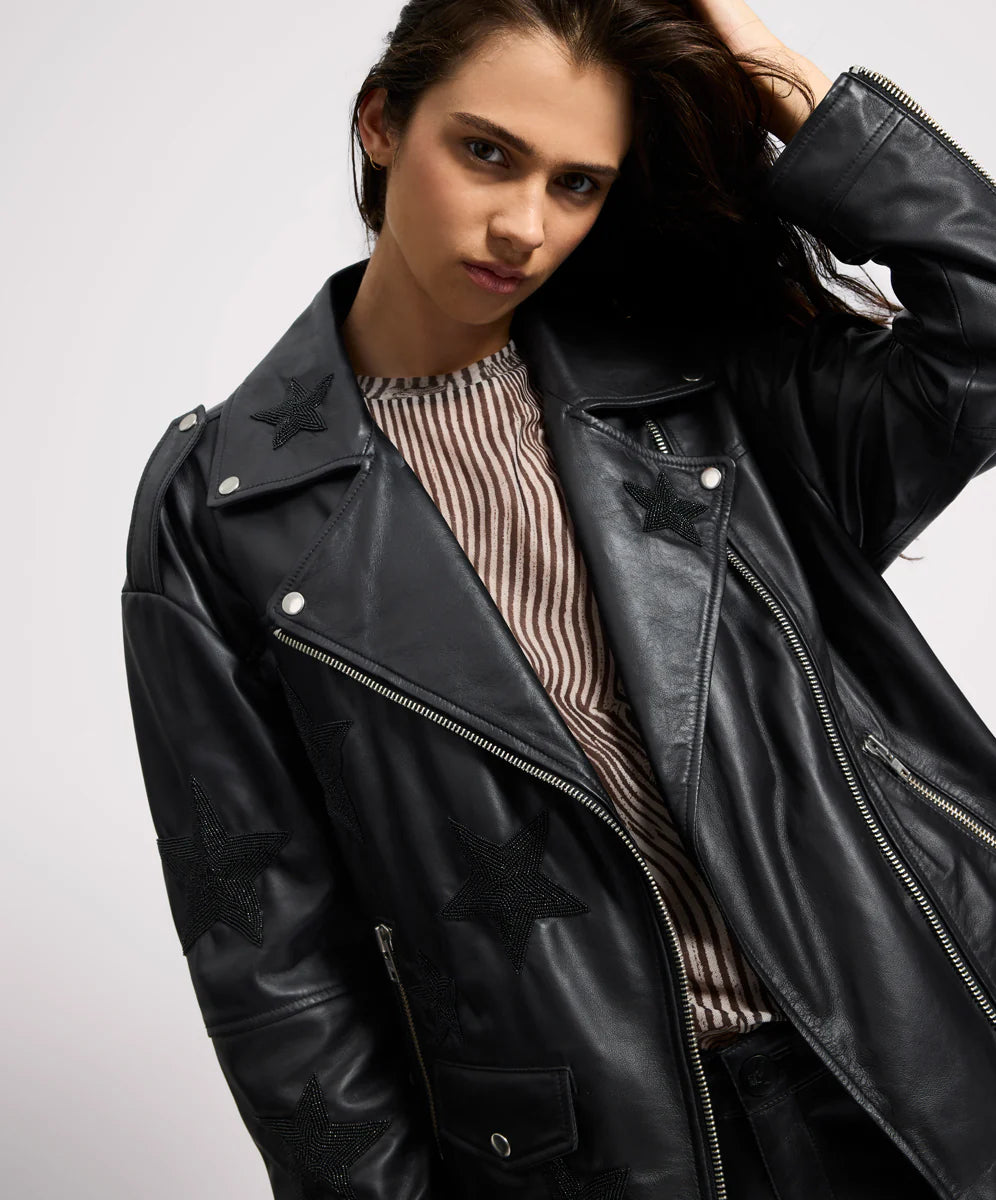 Biker Boyfriend Embellished Moto Leather Jacket- Black Star
