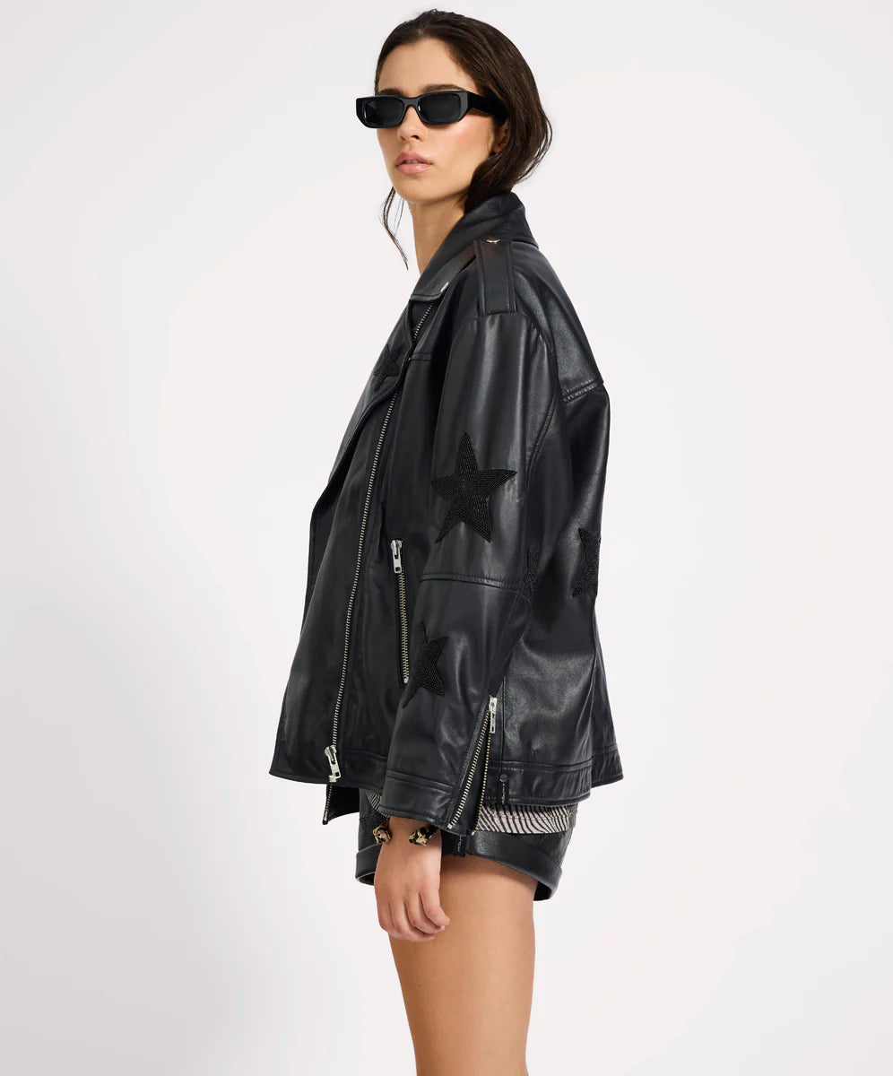 Biker Boyfriend Embellished Moto Leather Jacket- Black Star
