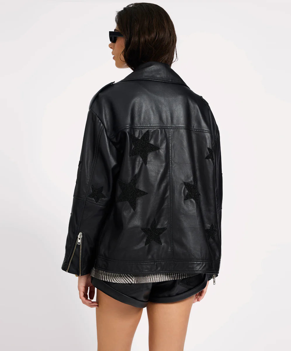 Biker Boyfriend Embellished Moto Leather Jacket- Black Star