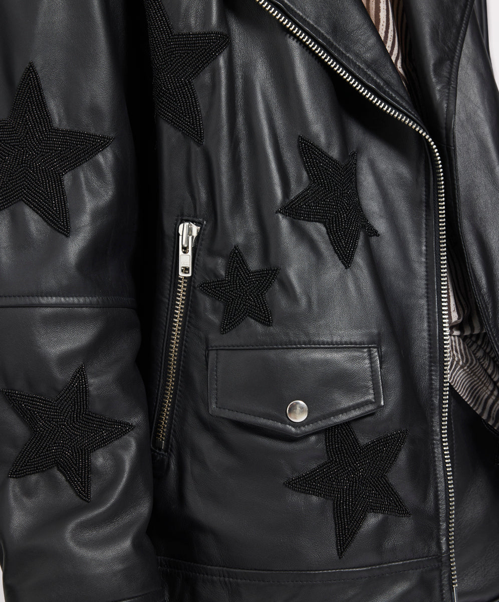 Biker Boyfriend Embellished Moto Leather Jacket- Black Star
