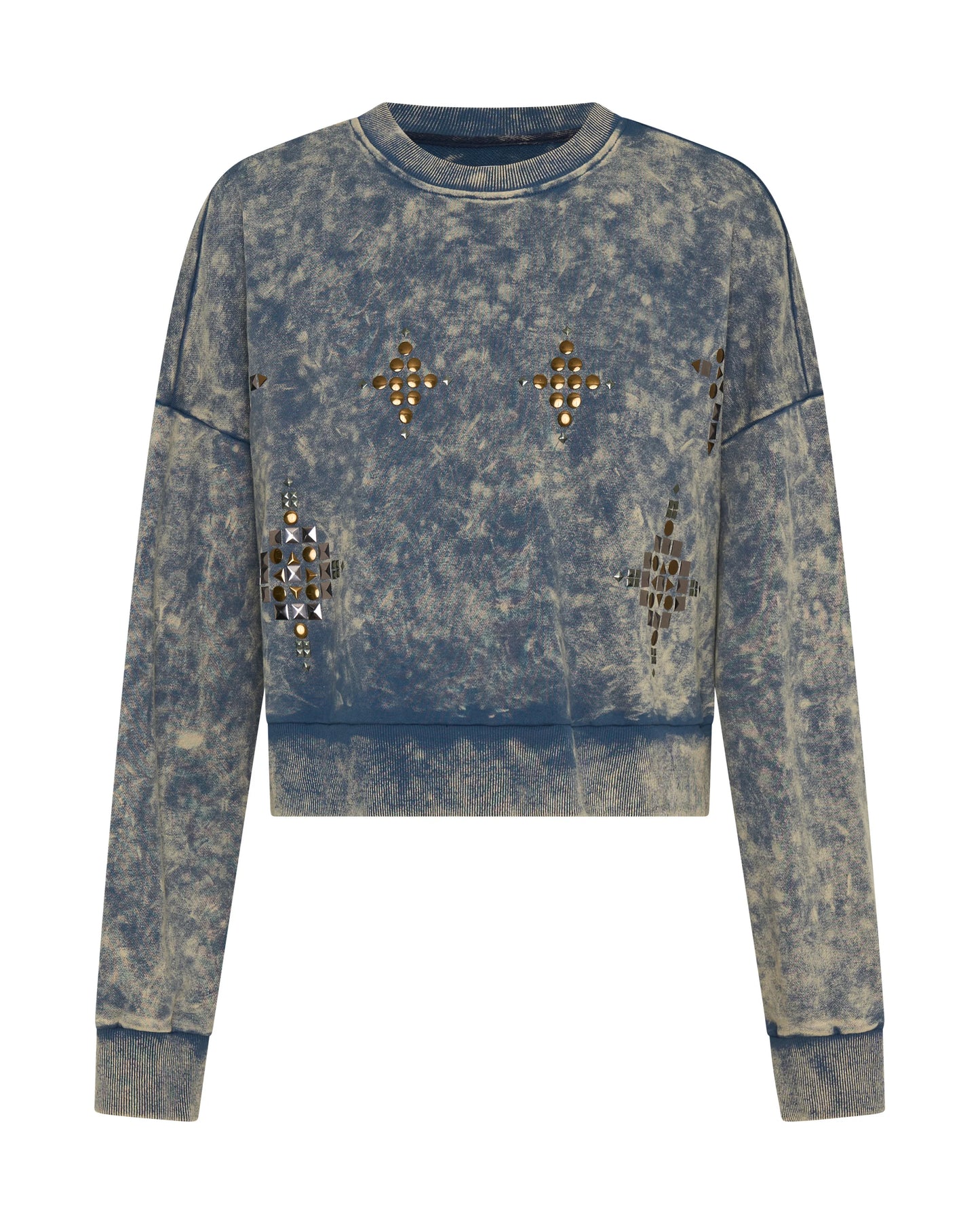 Fleece Cropped Star Studded Sweater - Acid Wash Blue