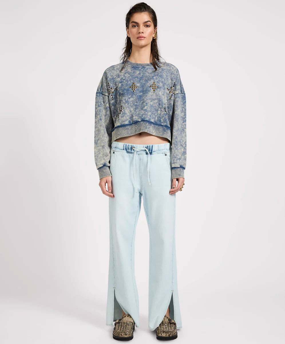 Fleece Cropped Star Studded Sweater - Acid Wash Blue
