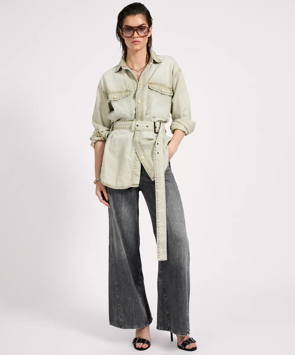 Belted Longline Denim Shirt - Antique Khaki