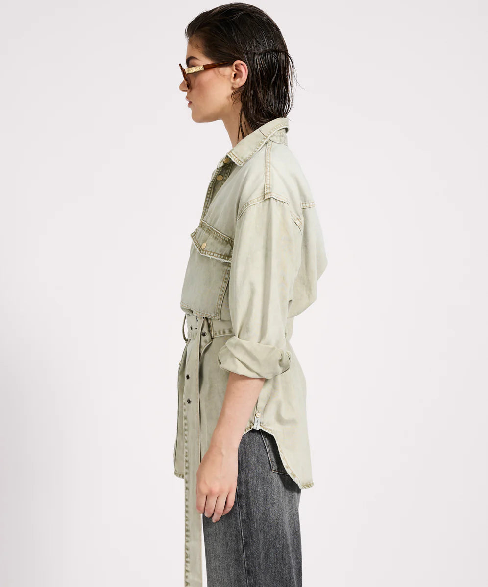 Belted Longline Denim Shirt - Antique Khaki