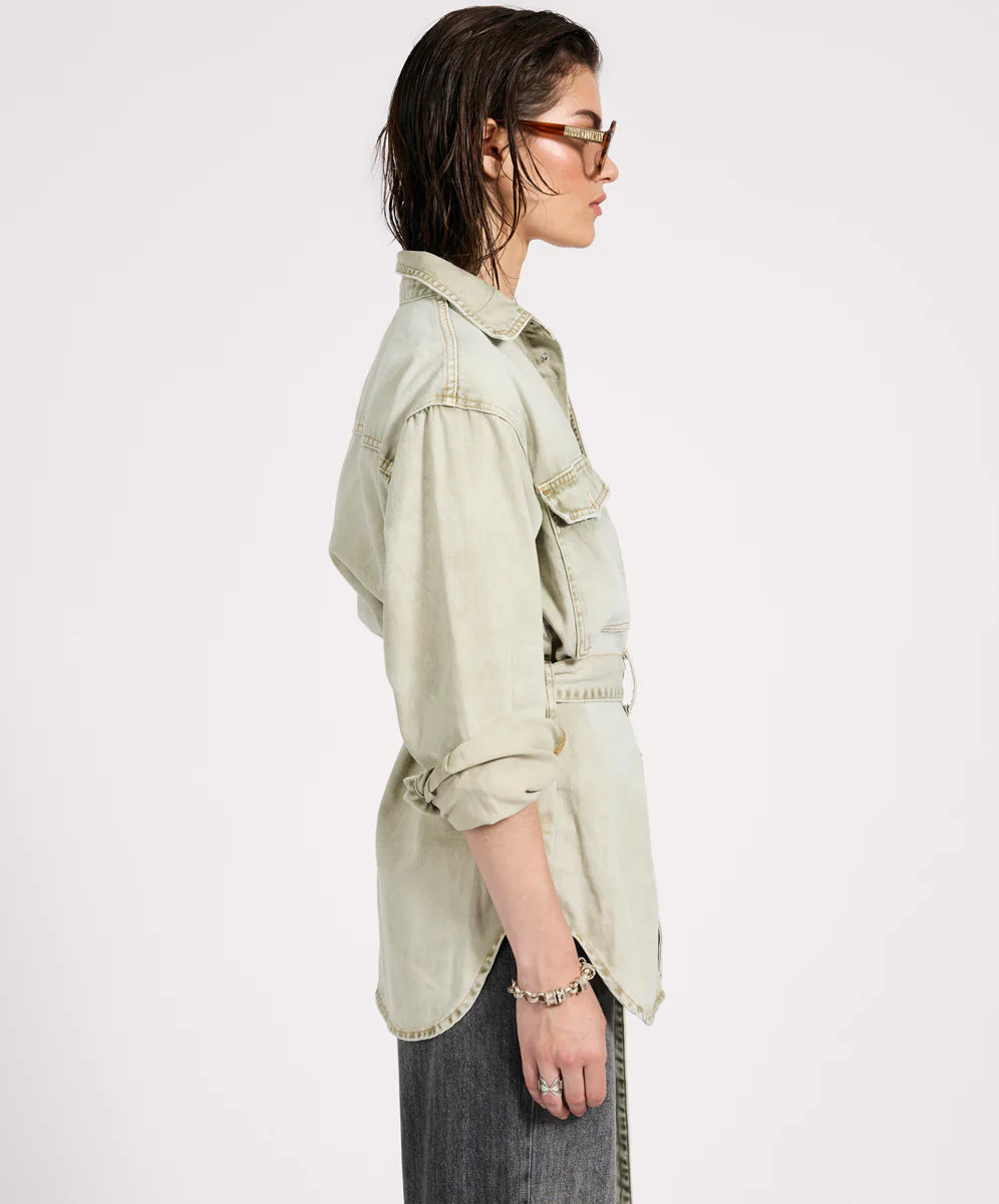 Belted Longline Denim Shirt - Antique Khaki