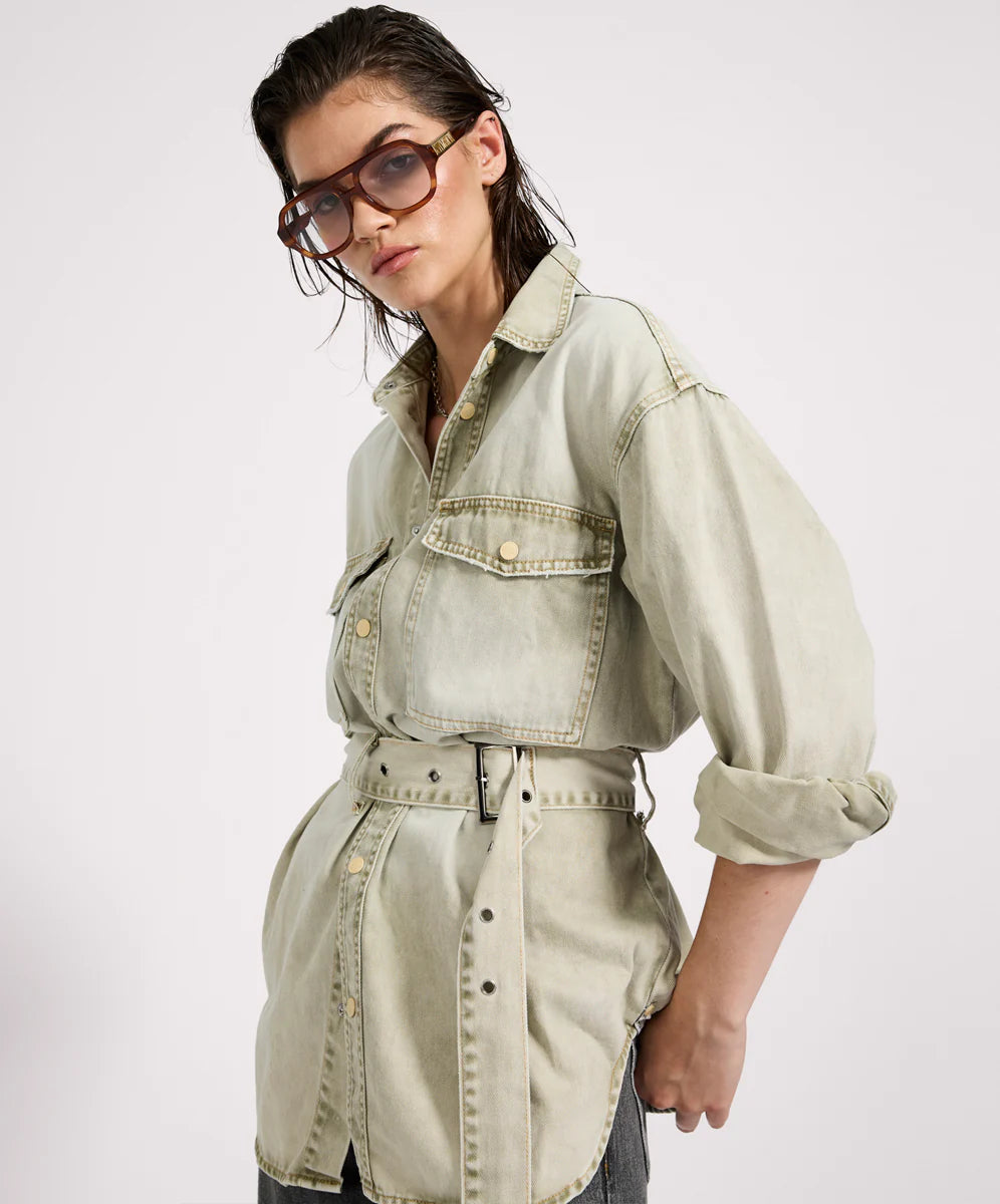 Belted Longline Denim Shirt - Antique Khaki