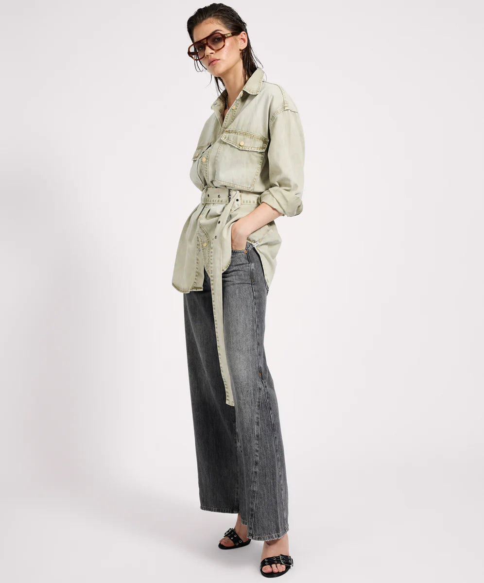 Belted Longline Denim Shirt - Antique Khaki