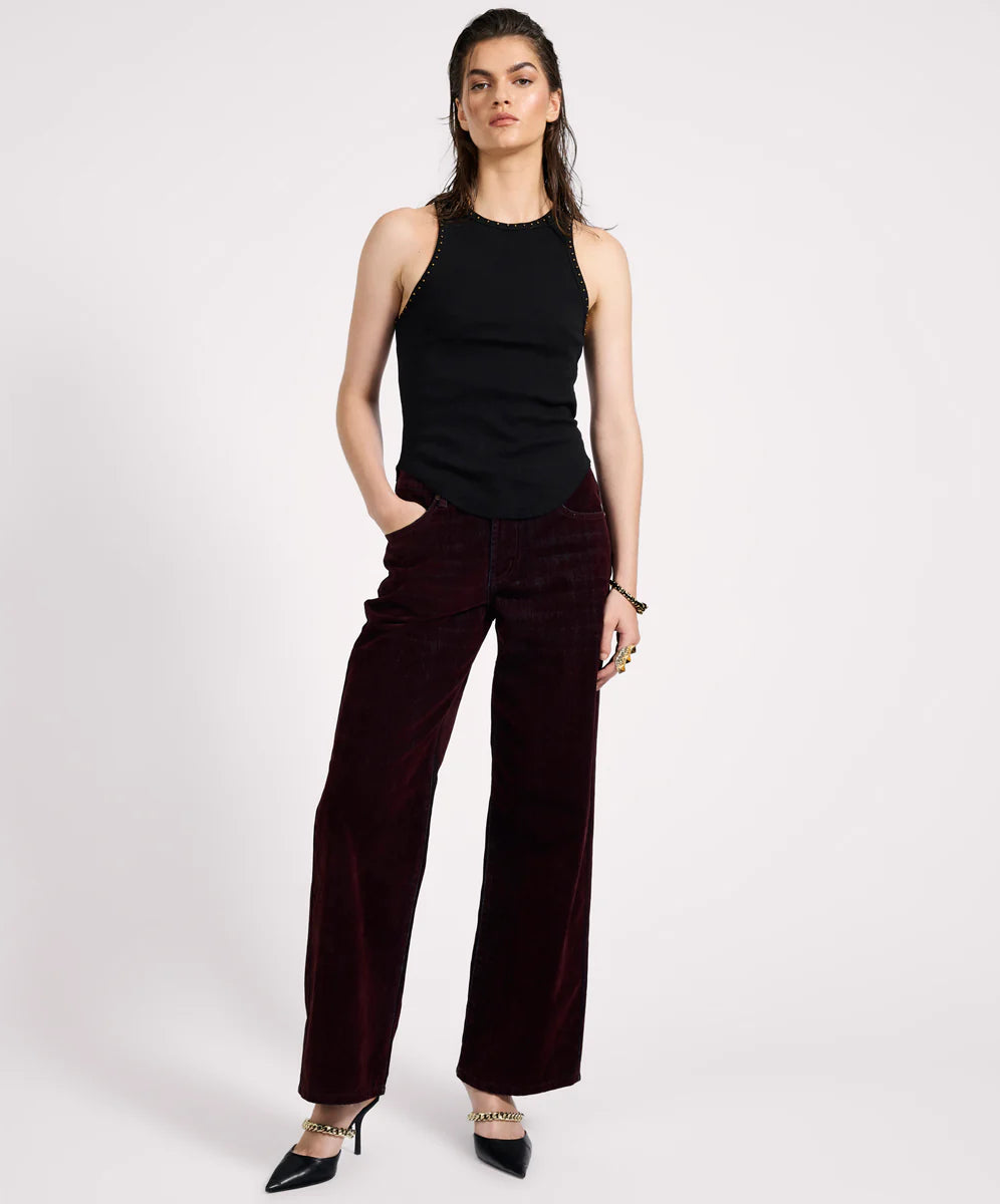 Jackson Mid Waist Wide Leg Velvet Finish Denim Jeans - Flocked Maroon
