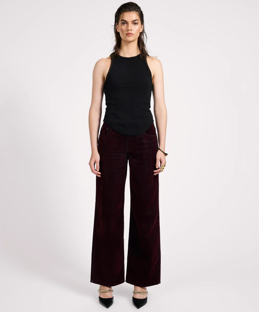 Jackson Mid Waist Wide Leg Velvet Finish Denim Jeans - Flocked Maroon