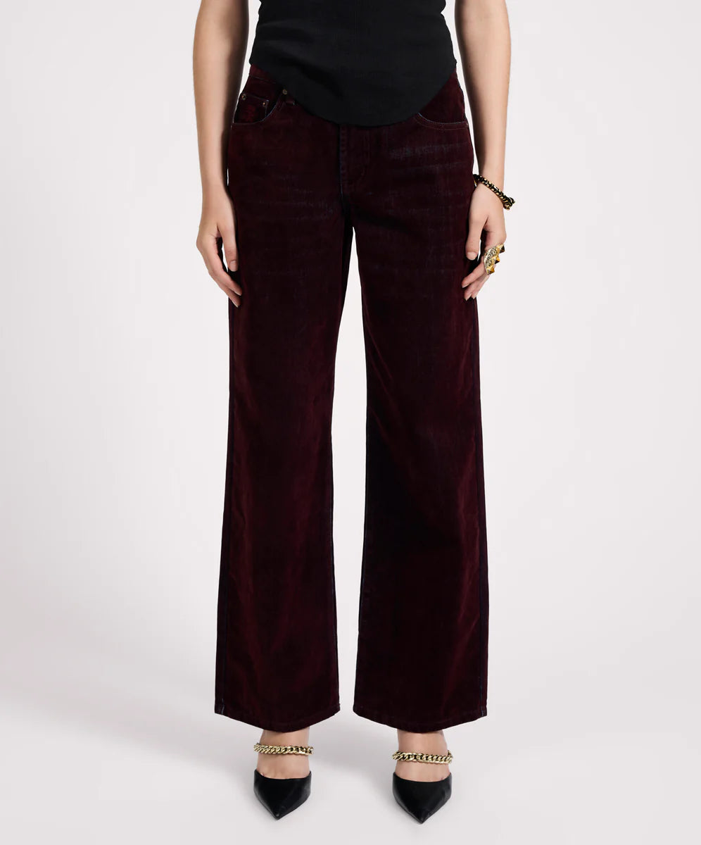 Jackson Mid Waist Wide Leg Velvet Finish Denim Jeans - Flocked Maroon