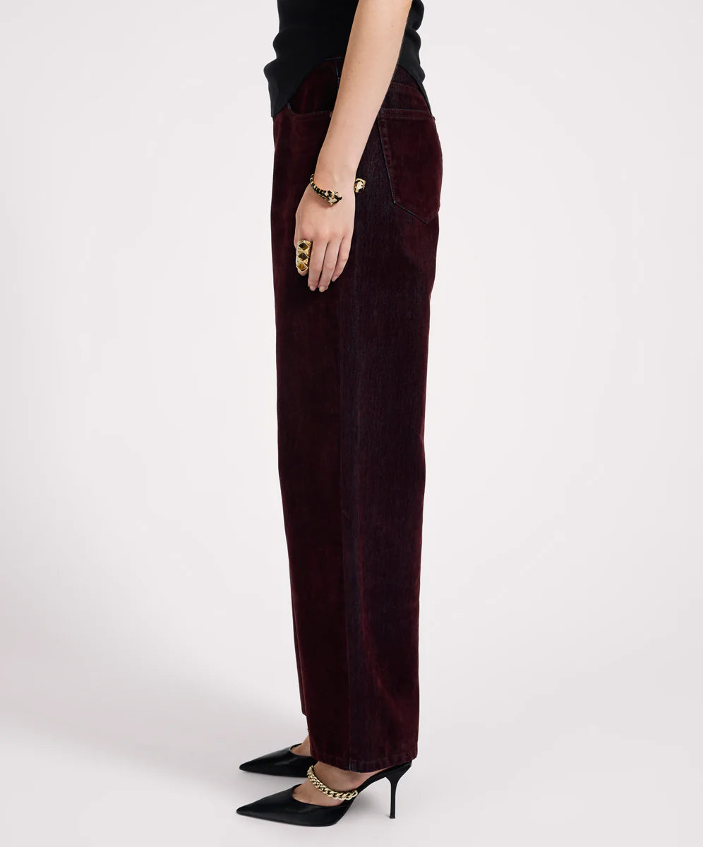 Jackson Mid Waist Wide Leg Velvet Finish Denim Jeans - Flocked Maroon
