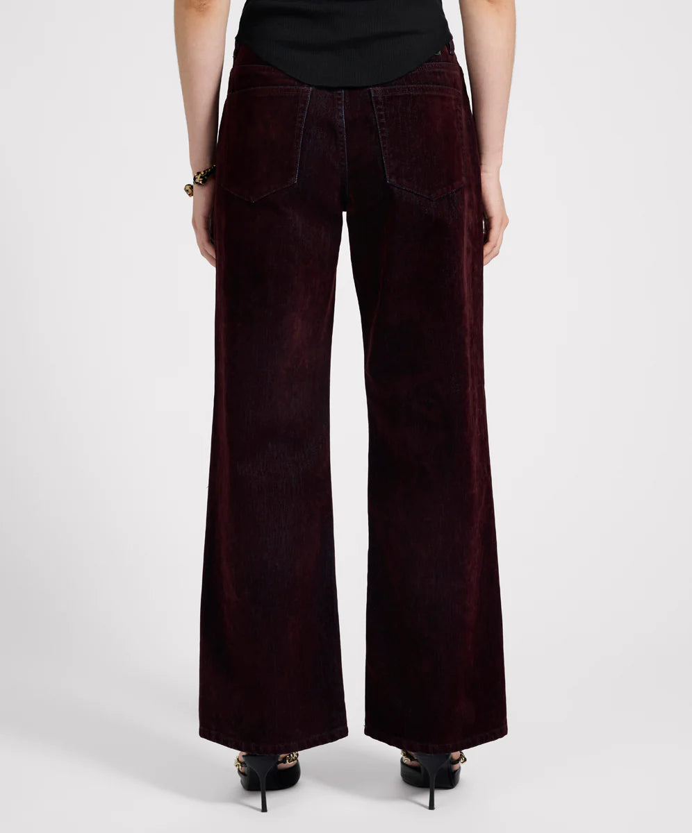 Jackson Mid Waist Wide Leg Velvet Finish Denim Jeans - Flocked Maroon