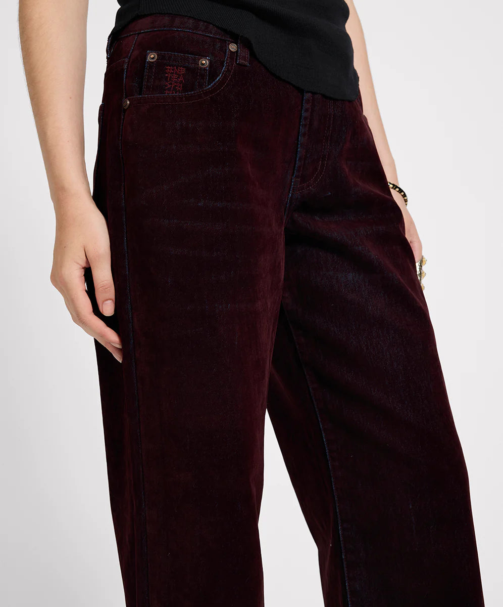 Jackson Mid Waist Wide Leg Velvet Finish Denim Jeans - Flocked Maroon