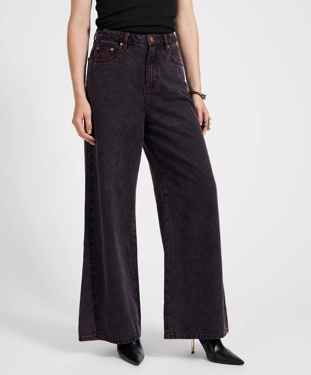 Love Machines Mid Waist Super Wide Leg Denim Jeans- Black Pink