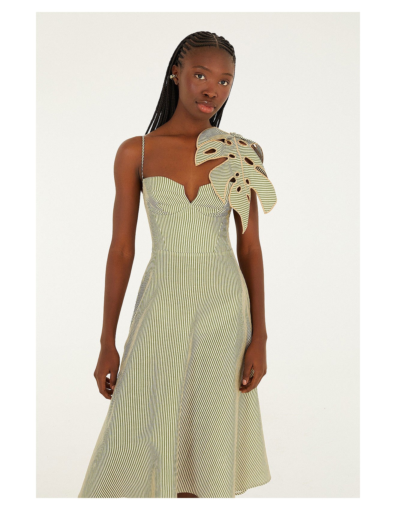 Striped 3d Monstera Leaf Midi Dress