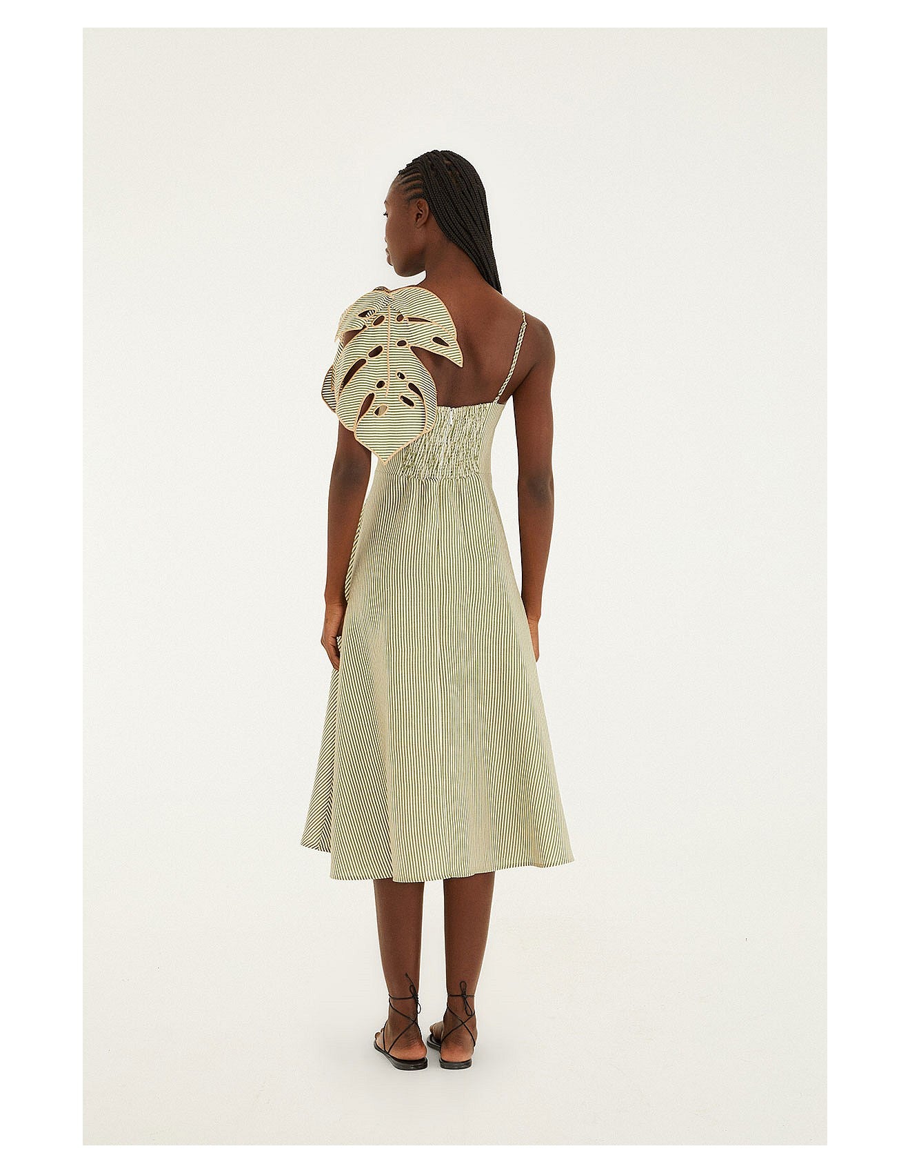 Striped 3d Monstera Leaf Midi Dress