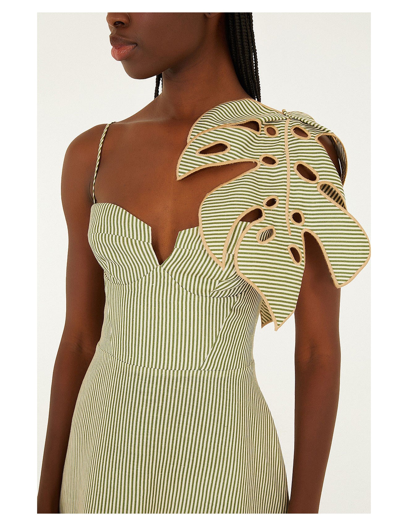 Striped 3d Monstera Leaf Midi Dress