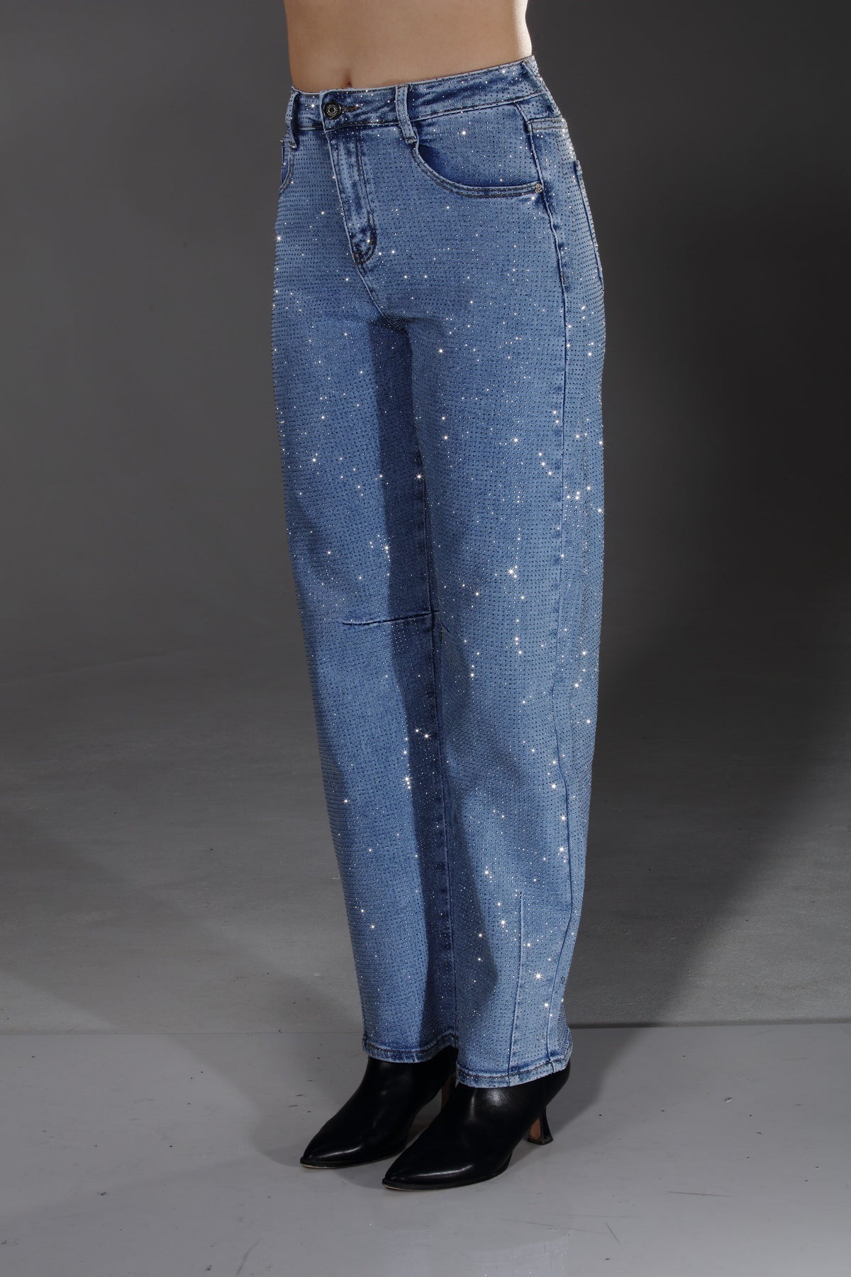 Diamond Glow Barrel Jeans-Blue