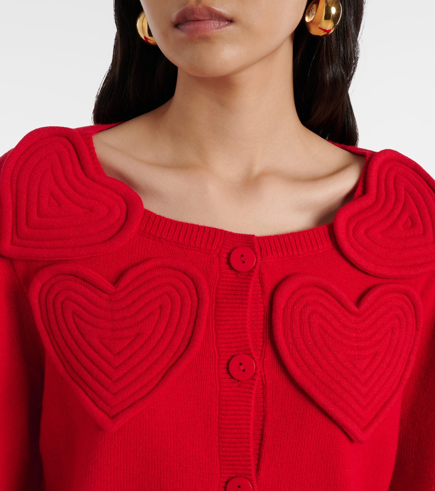 Red 3d Heartful Puff Sleeve Knit Cardigan
