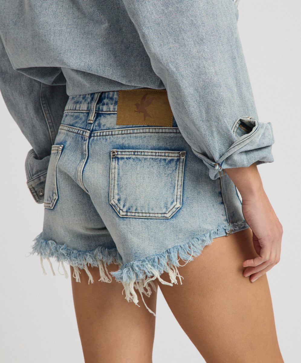 Retro Dukes Low Waist Mini Denim Shorts - Hendrixe Blue