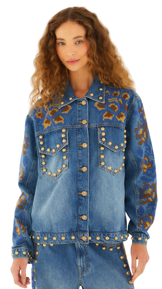 Denim Metal Details Embroidered Jacket