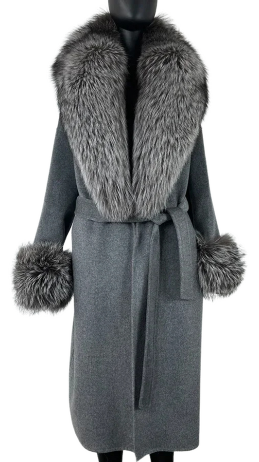 Colmar Cashmere Coat with Silver fox fur -Grey