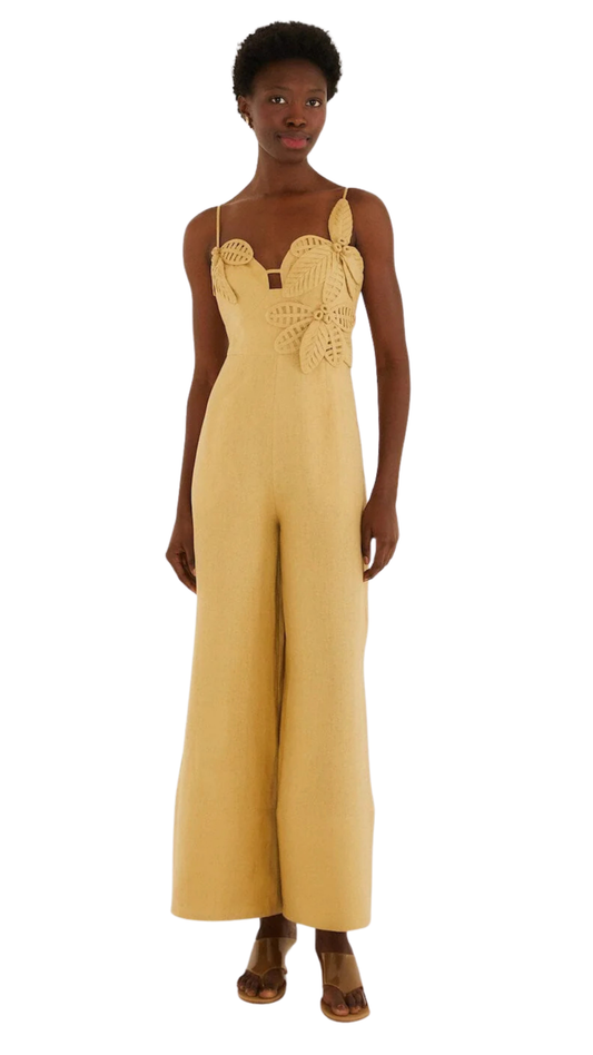 Sand 3d Flowers Linen Jumpsuit