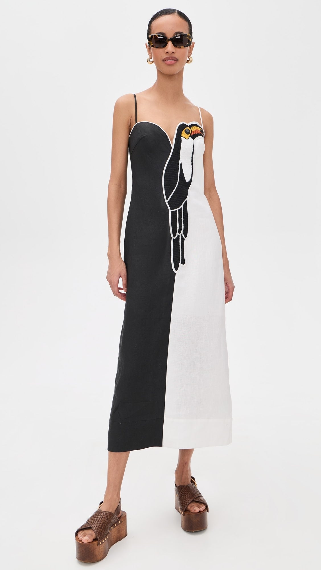 Black And White Embroidered Toucan Maxi Dress