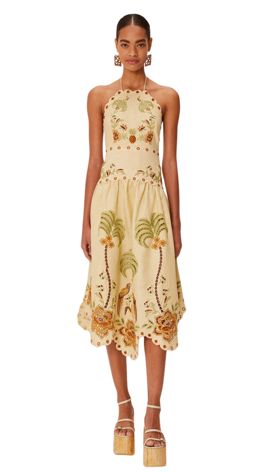 Sand Delicate Forest Richelieu Embroidered Midi Dress