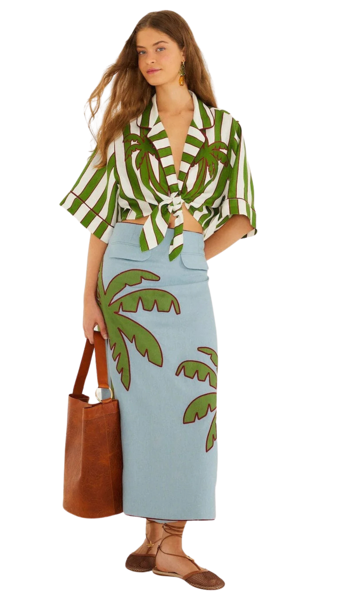 Blue and Green Embroidered Palm Tree Skirt Set