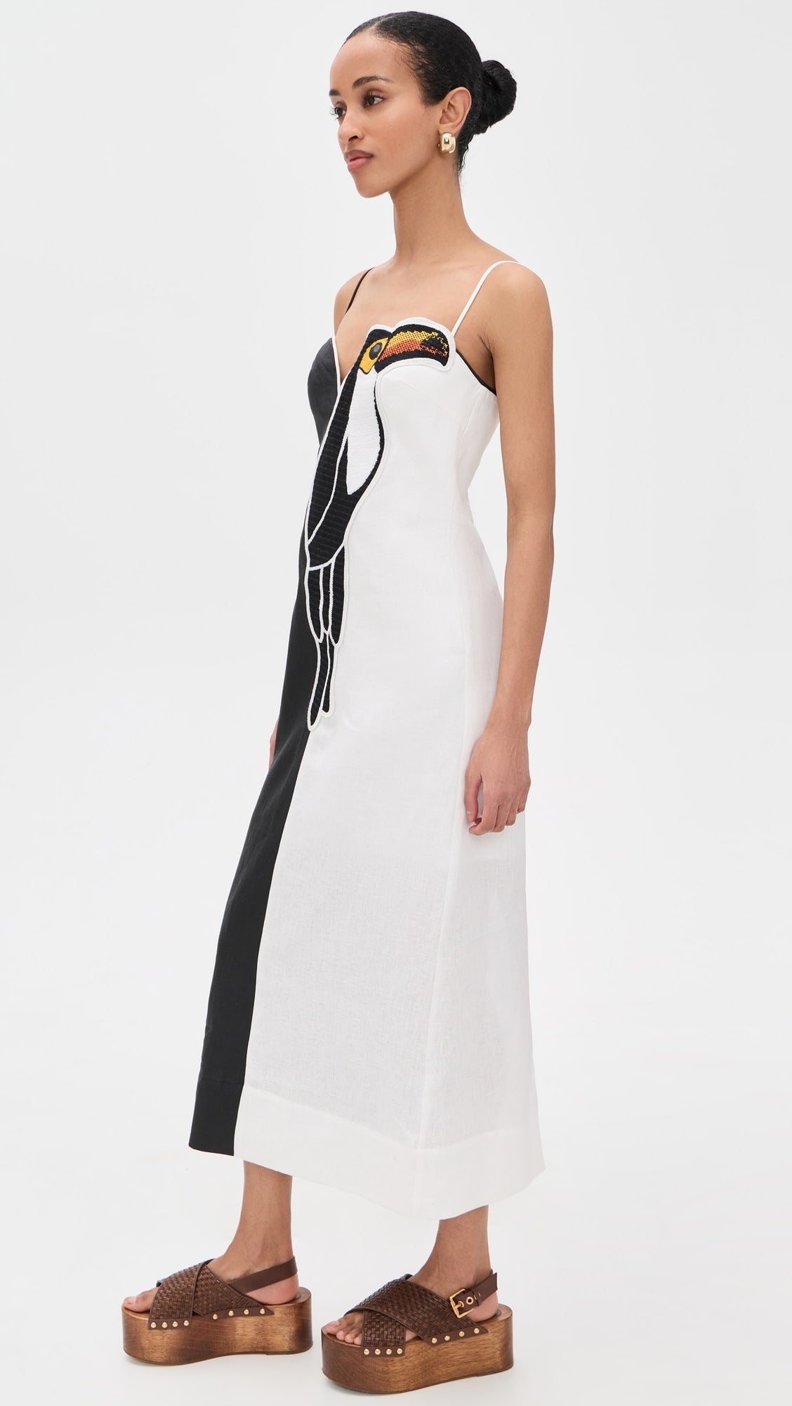 Black And White Embroidered Toucan Maxi Dress