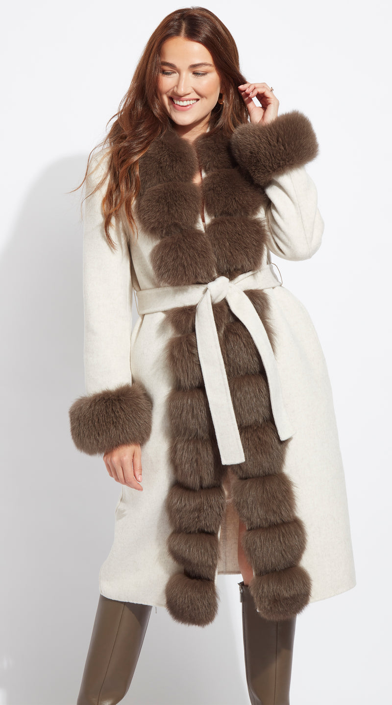 Paris Cashmere coat with brown fox fur -Cream