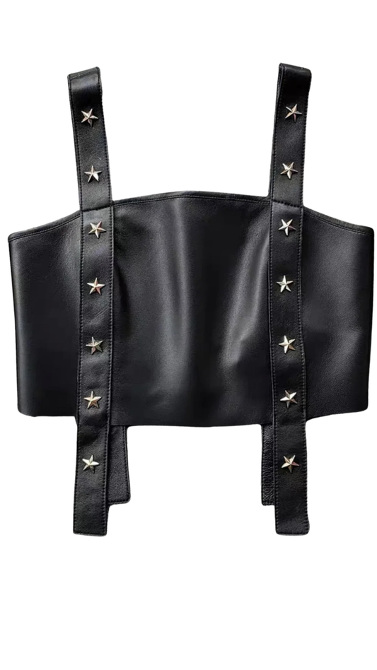 Stars Studs Black Leather Crop Top