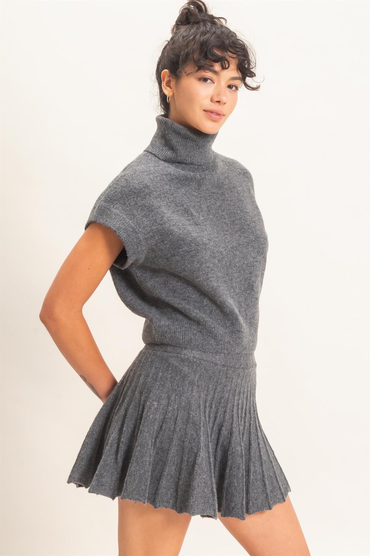 Sofia Turtleneck Knit Skirt Set - Charcoal