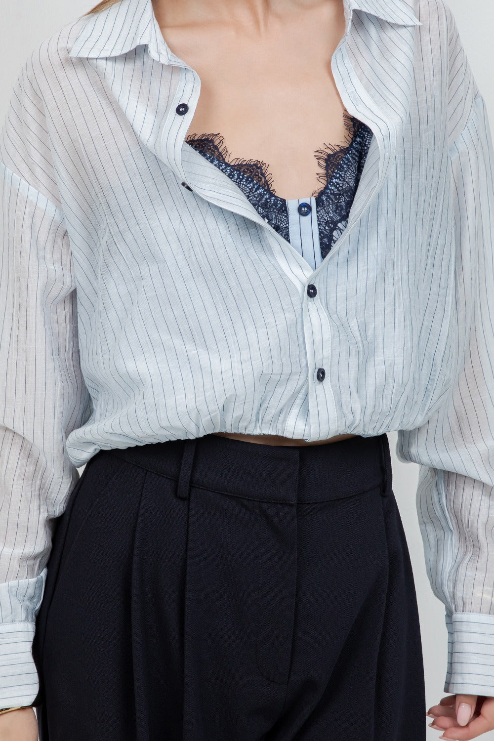 Pinstripe Shirt with Attached Lace Cami- Blue