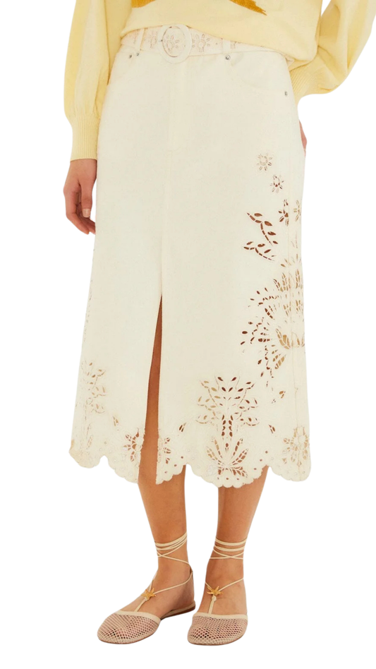 Beige Geometric Richelieu Twill Midi Skirt