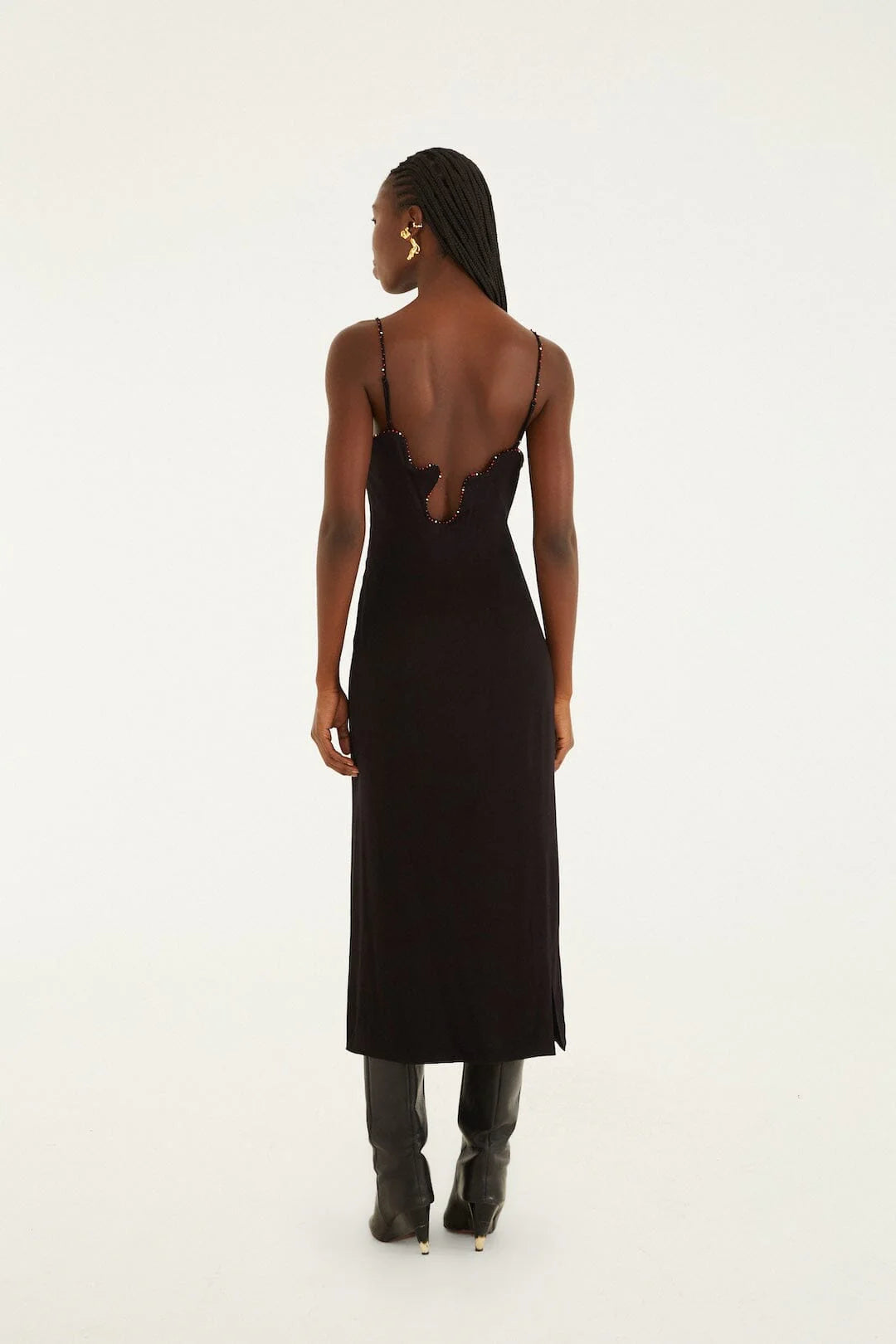 Black Beaded Neckline Sleevless Midi Dress