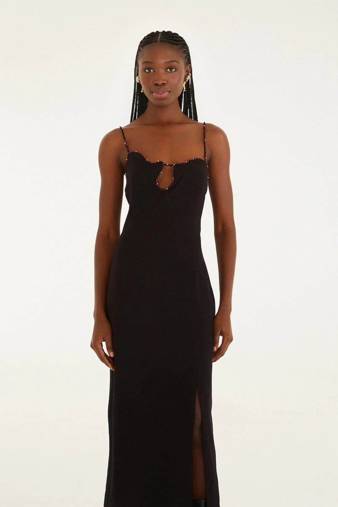 Black Beaded Neckline Sleevless Midi Dress