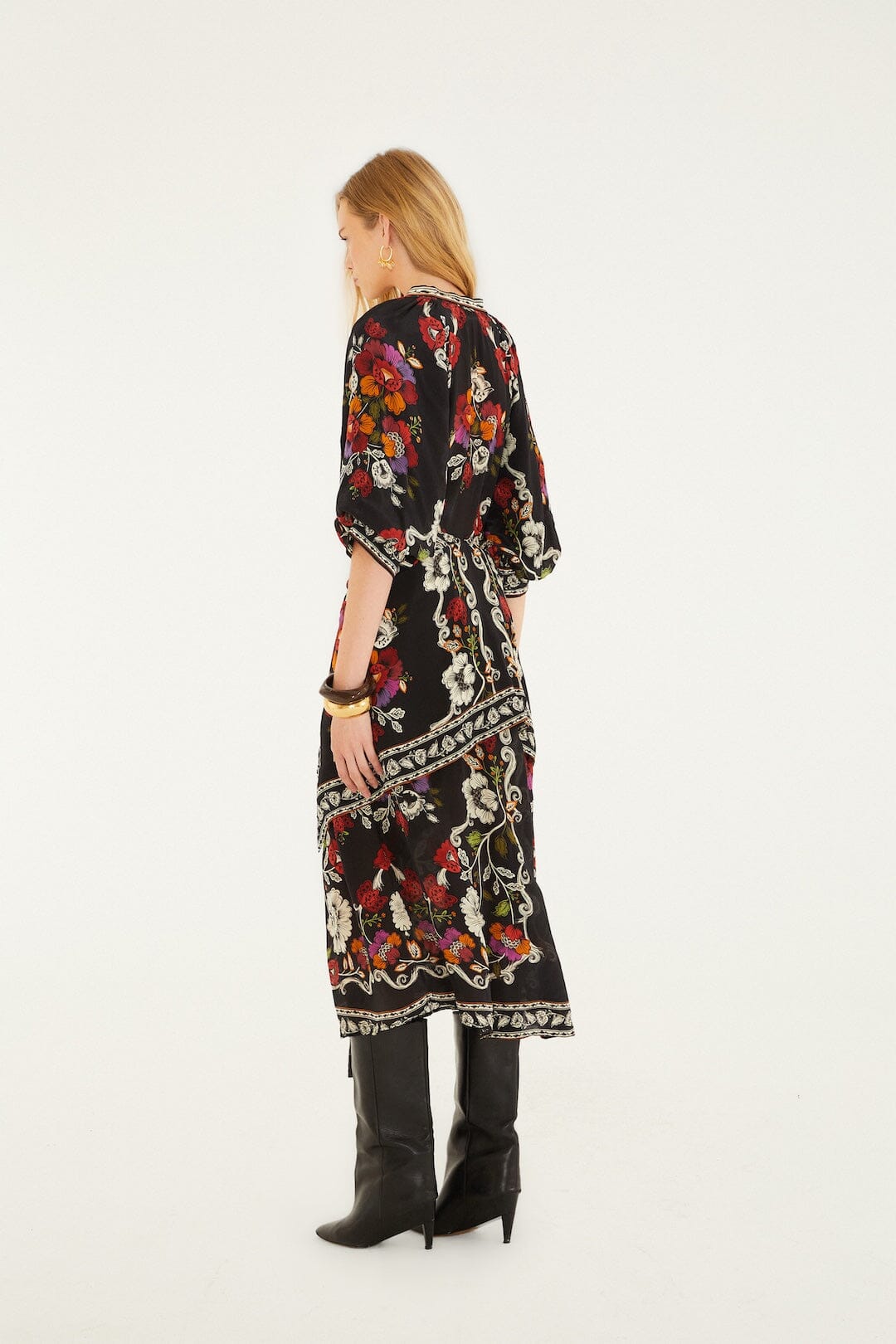 Black Rococo Flowers Belted Midi Dress