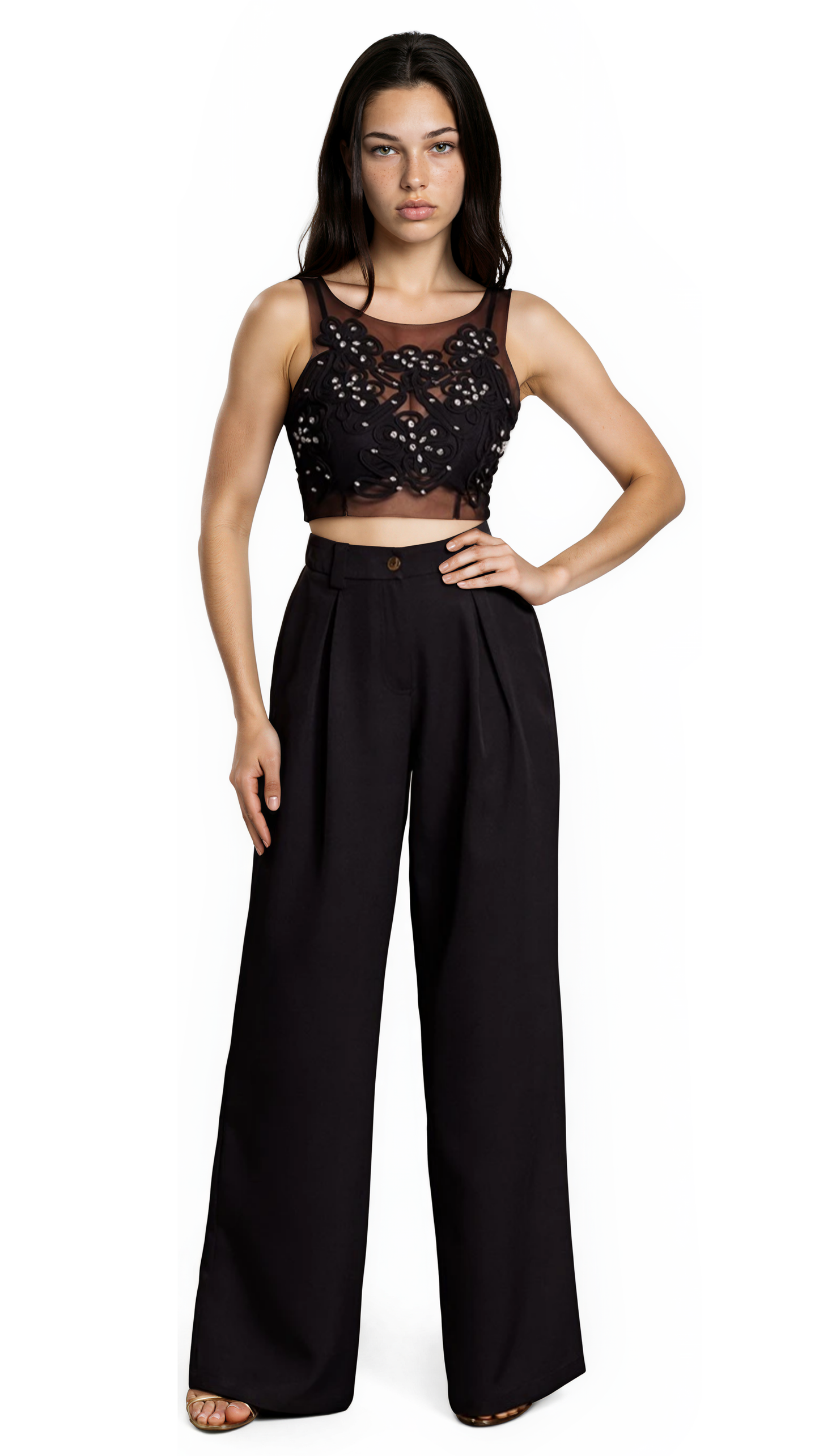 Noir Embroidered Crop Top & Wide-Leg Pants Set