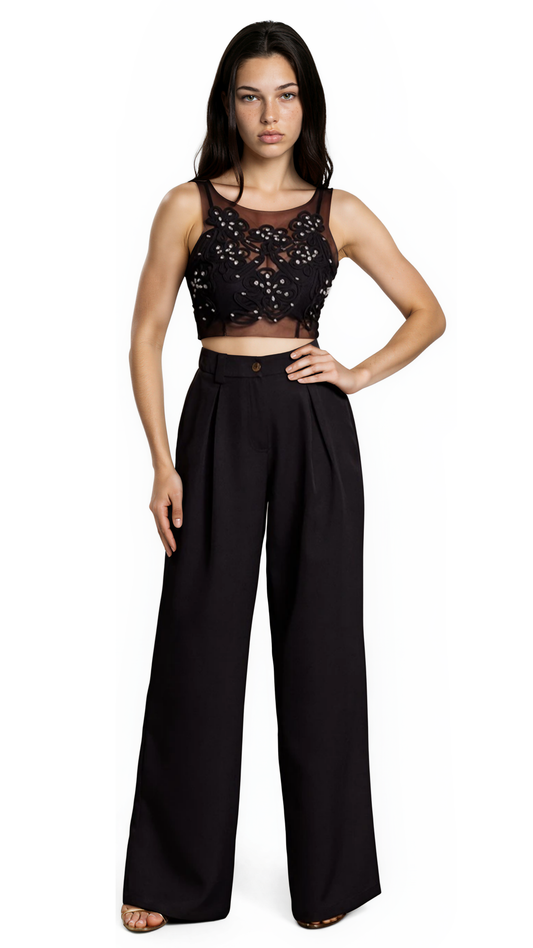 Noir Embroidered Crop Top & Wide-Leg Pants Set