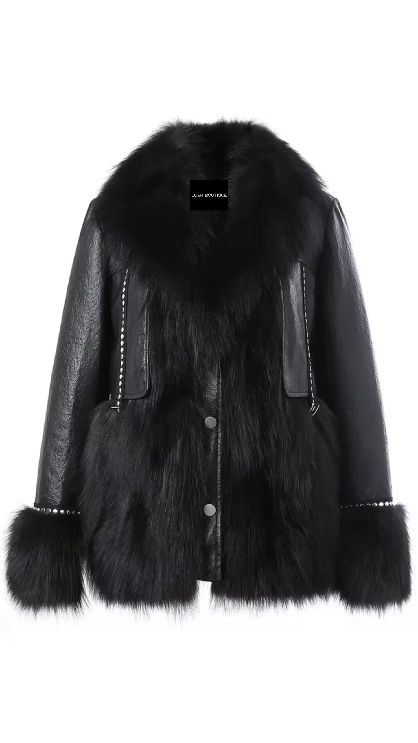 Black Shearling Fox Fur-Trim Jacket